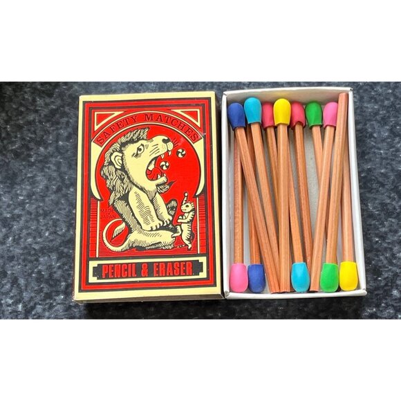 Vtg Safety Matches 12 Pencils & Erasers Box NIB Pier 1 Looks Like Match Sticks - Picture 4 of 7